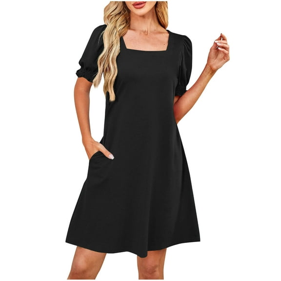 JGGSPWM Summer Dresses for Women 2025 Casual Cute Square Neck Puff Short Sleeve Dress with Pockets Black XXL