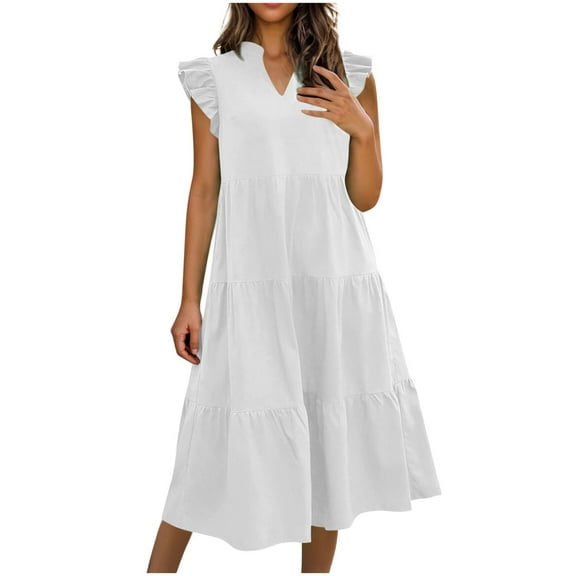 JGGSPWM Summer Dresses for Women 2025 Elegant Classy Casual Loose Breathable Comfortable Midi Fashion Dress White S