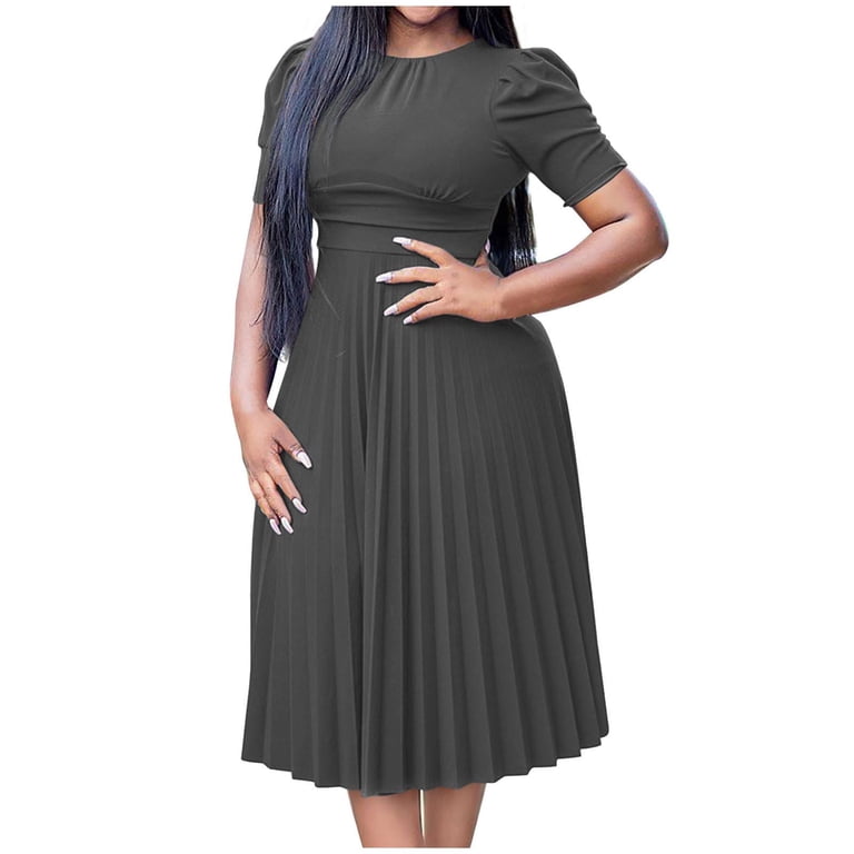 JGGSPWM Summer Dresses for Women Formal Fit Casual Slim Short Puff Sleeve O-Neck Elegant Swing A Line Maxi Dresses Gray M