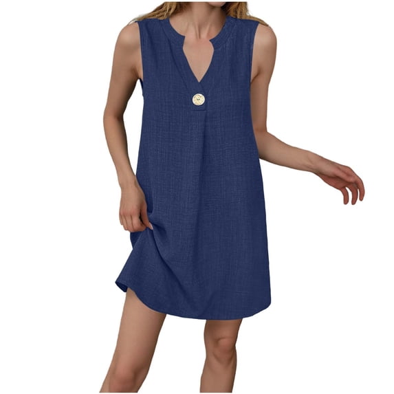JGGSPWM Summer Dresses for Women Solid Color Button Loose Casual A Line Dress Sleeveless V-Neck Sundress Mini Dress Blue M