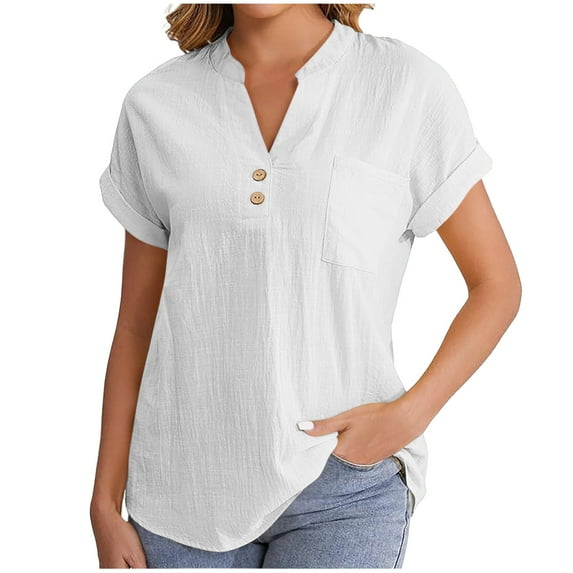 JGGSPWM Summer Linen Shirts for Women Short Sleeve Casual Henley Vacation Beach Tunic Blouses White L
