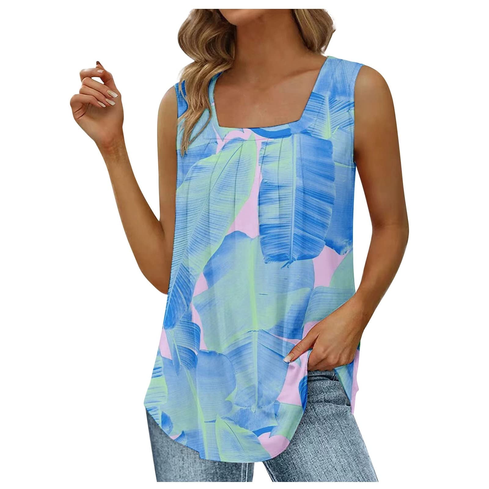Women's Summer Tank Top - Loose Fit Square Neck Sleeveless Top With Pleats & Curved Hem