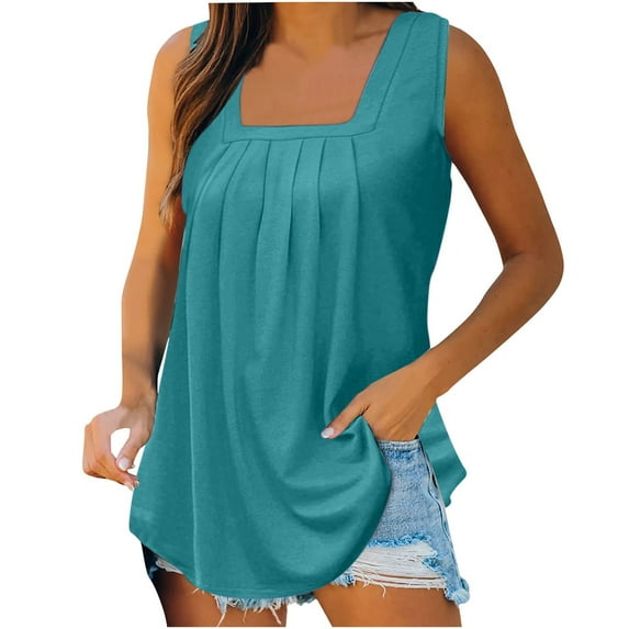 JGGSPWM Summer Tank Tops for Women Loose Fit Pleated Square Neck Sleeveless Tops Curved Hem Flowy Loose Fit Camisole Trendy Breathable Tees Light Blue XL