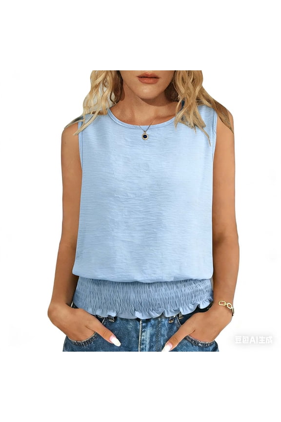Summer Tank Tops for Women Fashion Round Neck Sleeveless Casual Boho Cami Slim Fit Smocked Bottom Fitted Waist Shirts Blue XL