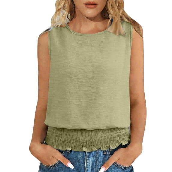 JGGSPWM Summer Tank Tops for Women Fashion Round Neck Sleeveless Casual Boho Cami Slim Fit Smocked Bottom Fitted Waist Shirts Green L