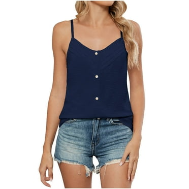 JGGSPWM Summer Tank Tops for Women Ruched Spaghetti Strap Lightweight Sleeveless Casual Loose Button-Down Shirts Navy S