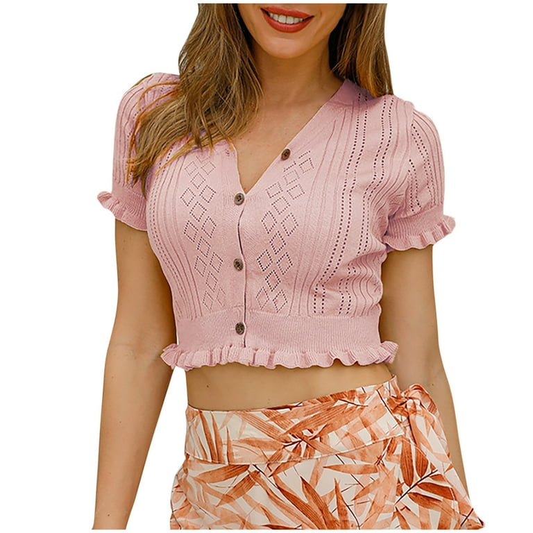 JGGSPWM Summer V Neck Ruffle Short Sleeved Hollow Knit Button Crop