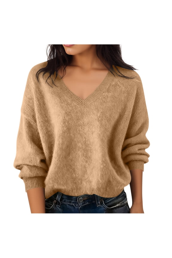 Sweaters for Women V Neck Lightweight Long Sleeve Soft Warm Woolen Knitted Pullover Fall Winter Casual Tops Yellow L