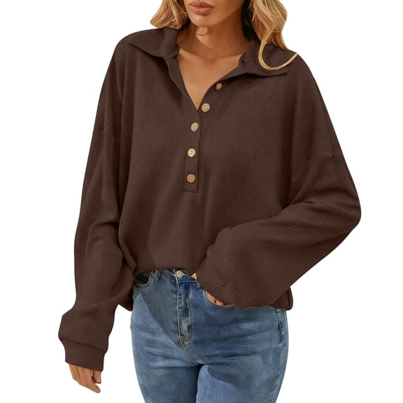 JGGSPWM Sweatshirt for Women Fashion Casual Solid Color Long Sleeve Button Lapel Pullovers Loose Fit Pullover Tops Brown S