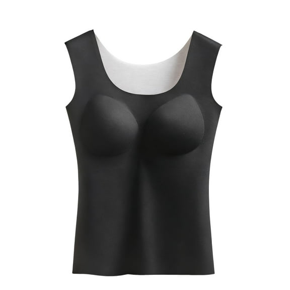 JGGSPWM Thermal Underwear Shirts for Women Solid Color Sleeveless Tank Tops with Chest Pad Winter Warm Bottom and Inner Tops Black M
