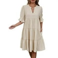 thumbnail image 1 of JGGSPWM Tiered Ruffle Dress Women Summer Loose Fit 3/4 Sleeve a Line Mini Dress Pleated V Neck Dresses with Pockets Beige S, 1 of 9