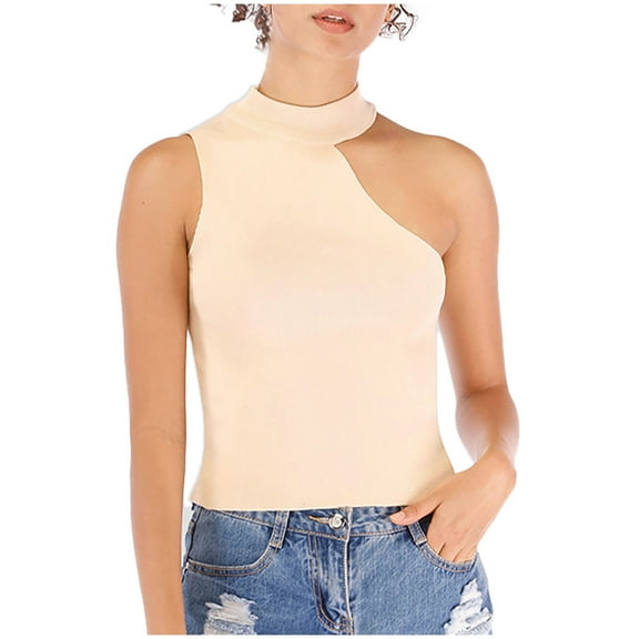 JGGSPWM Trendy Cut Out Halter Neck Tank Tops for Women Seamless Sleeveless Crop Tops Beige Free Size