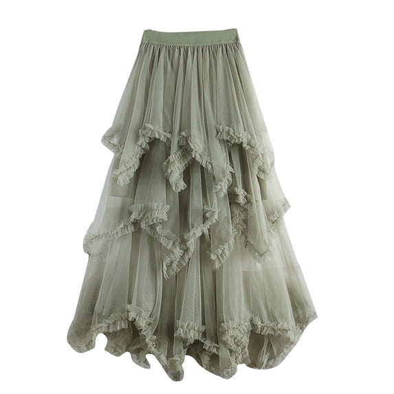 JGGSPWM Tulle Skirts for Women A Line Sweet Elastic High Waisted Long Layered Tutu Mesh Ruffles Tiered Flowy Ankle Skirt Green Free Size