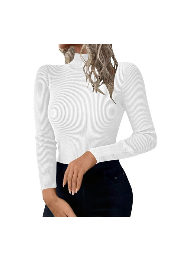 Turtleneck Shirt Women Ruffle Ribbed Long Sleeve Mock Neck Tops Solid Color Slim Fit Pullover Base Layer Top White L