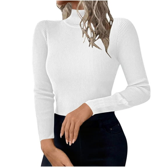 JGGSPWM Turtleneck Shirt Women Ruffle Ribbed Long Sleeve Mock Neck Tops Solid Color Slim Fit Pullover Base Layer Top White XL