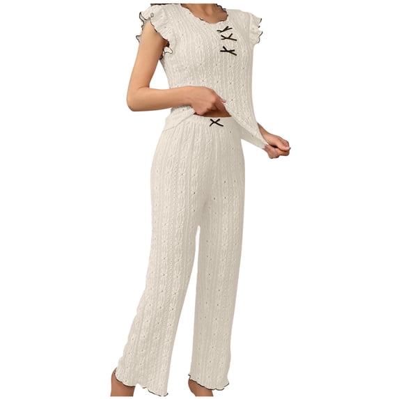 JGGSPWM Two Piece Sets for Women Summer Ruffle Cap Sleeve Crop Tops Wide Leg Palazzo Pants Casual Travel Vacation Outfits Beige XL