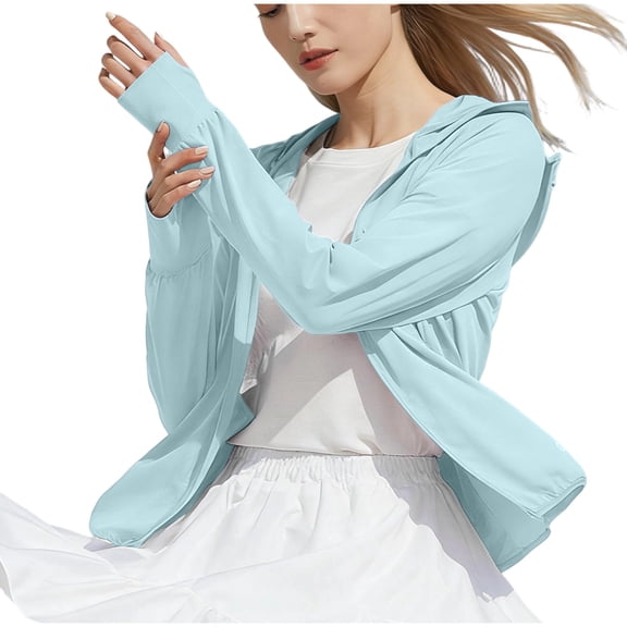 JGGSPWM UPF 50 Sun Protection Zip Up Hoodie Women Lightweight Quick Dry Long Sleeve Jackets for Women with Pocket Ourdoor Casual Blue L