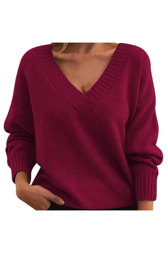 V Neck Sweaters Women Dressy Casual Pullover Business Office Knitted Solid Color Jumper Fall Drop Shoulder Long Sleeve Warm Loose Fit Trendy Tops Wine M