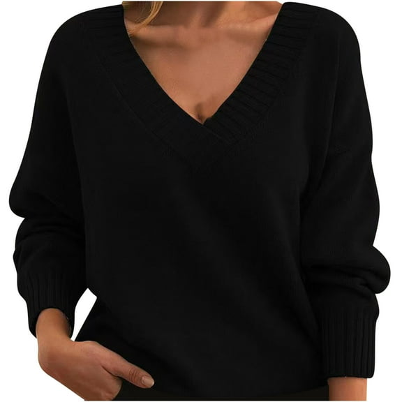 JGGSPWM V Neck Sweaters Women Dressy Casual Pullover Business Office Knitted Solid Color Jumper Fall Drop Shoulder Long Sleeve Warm Loose Fit Trendy Tops Black L