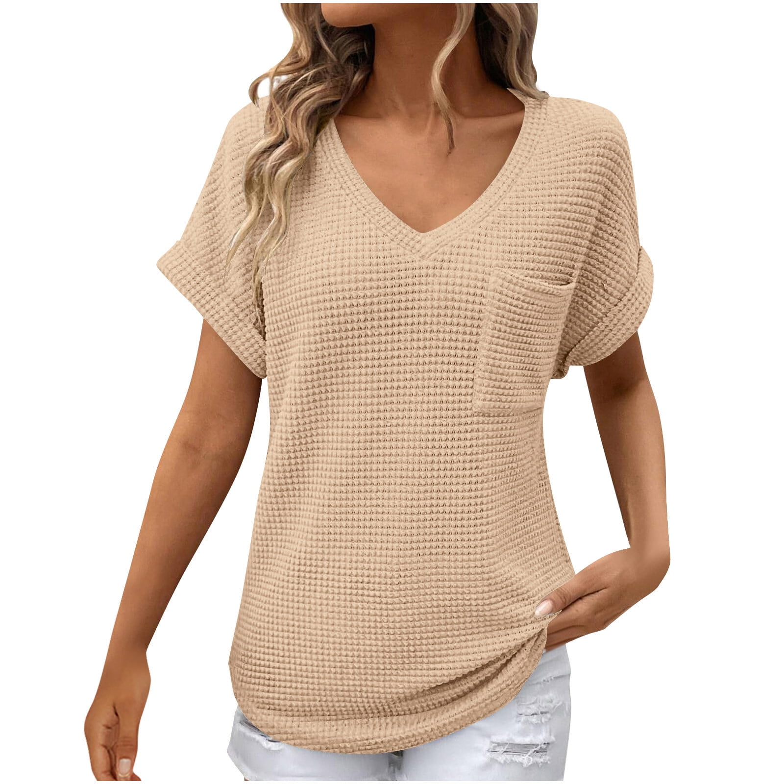 RoseSeek Women's Waffle Knit Short Sleeve Tee - Loose Crew Neck, Cap Sleeve, Casual Polyester Top