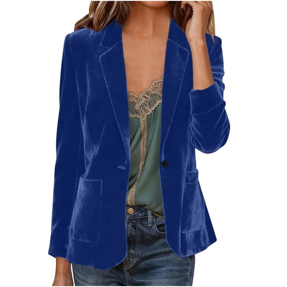 JGGSPWM Velvet Blazer for Women Notched Lapel Office Button Front Velvet Blazer Business Casual Fall Winter Outerwear With Fake Pocket Blue XXL