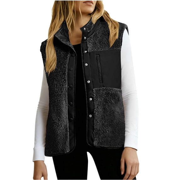 JGGSPWM Vests for Women Lightweight Stand Collar Sherpa Fuzzy Fleece Vest Buttoned Sleeveless Warm Jackets with Pockets Black M