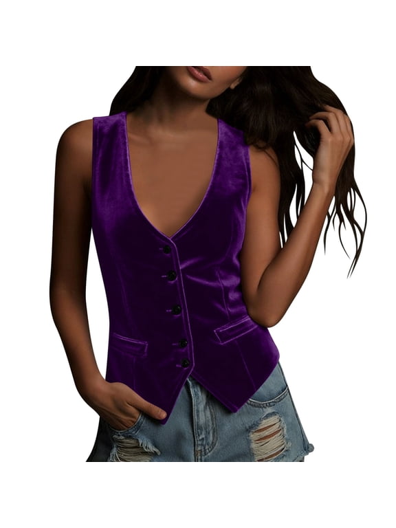 Vintage Suit Waistcoat for Women's V Neck Faux Suede Button Down Sleeveless Jacket Vest for Spring and Summer Purple XXL