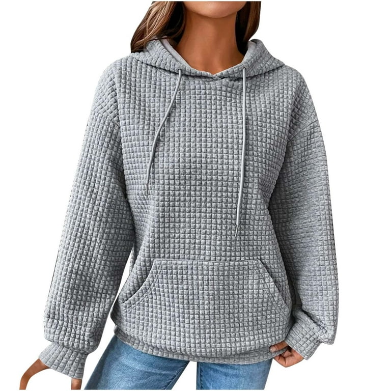JGGSPWM Waffle Knit Hoodies for Women Solid Color Casual Fall Hooded 2023  Pullover Hoodie Basic Sweatshirts Fashion Clothes Gray S