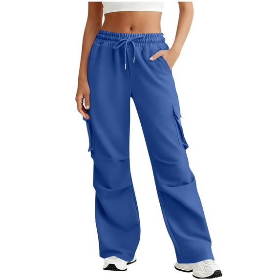 JGGSPWM Wide Leg Cargo Sweatpants Women Drawstring High Waisted Baggy Sweat Pants Stretchy Multi-Pocket Work Sweatpants Sports Pants Blue M