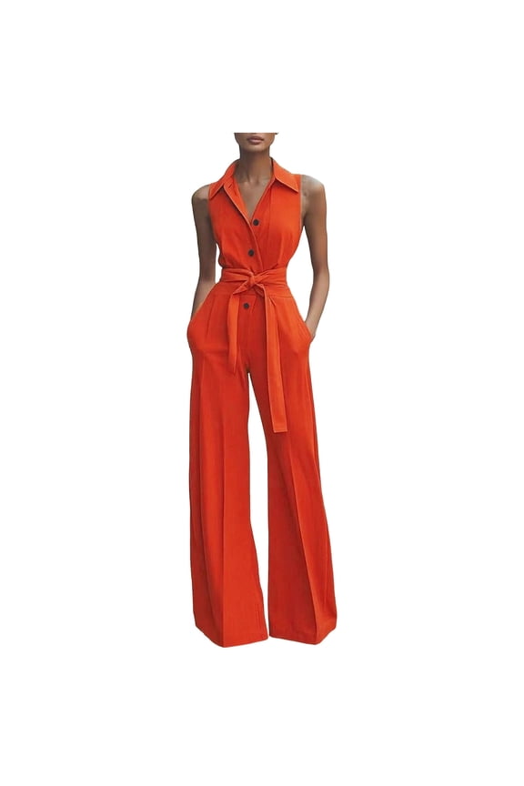 Wide Leg Jumpsuits for Women Dressy Summer Button Up Lapel Sleeveless Elegant Work Rompers with Belt and Pockets Orange M