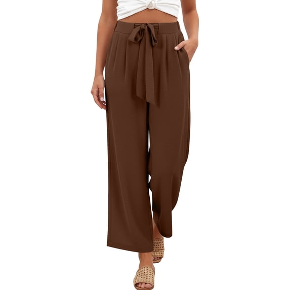 JGGSPWM Wide Leg Pants for Women High Waisted Bandage Loose Long Pants Work Casual Flowy Tie Knot Trousers with Pockets Brown S