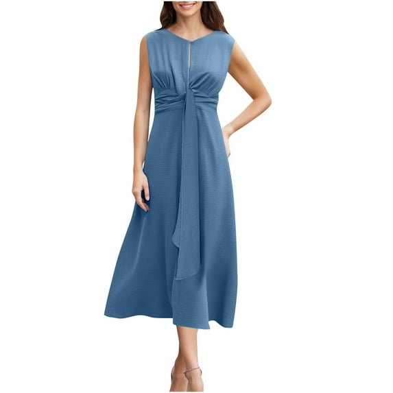 JGGSPWM Women 2025 Summer Work Dress Sleeveless Tie Waist Elegant Party A Line Flowy Midi Dresses with Pockets Blue M