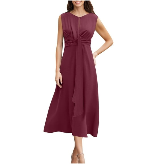 JGGSPWM Women 2025 Summer Work Dress Sleeveless Tie Waist Elegant Party A Line Flowy Midi Dresses with Pockets Red XL