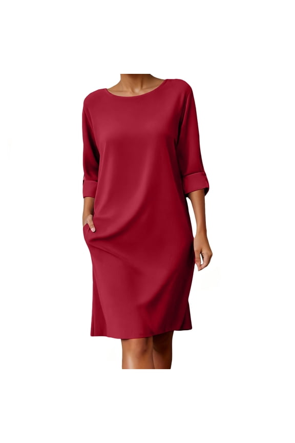 Women 3/4 Sleeve Midi Dress Round Neck Side Pockets Dresses Loose Casual Solid Color Tunic Dress Summer Shift Outfits Red XXL