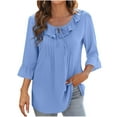 thumbnail image 1 of JGGSPWM Women 3/4 Sleeve Tie Front Ruffle Tiered Scoop Neck Babydoll Spring Fall Boho Cute Tops Blouses Shirts Light Blue XL, 1 of 6
