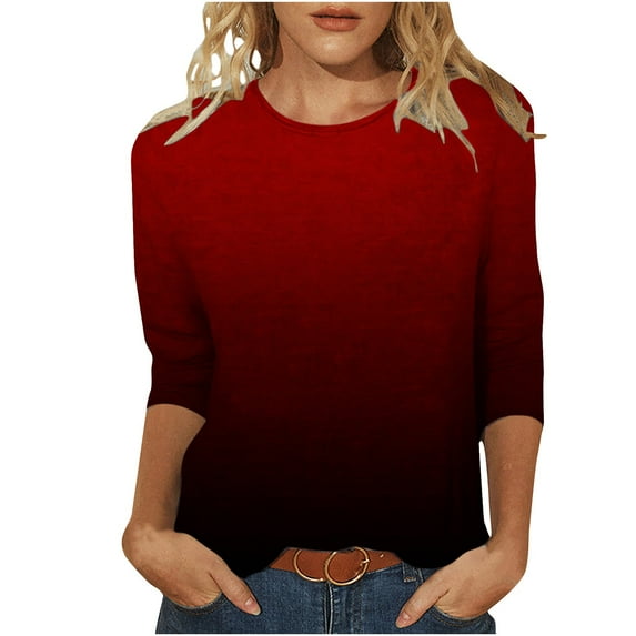 JGGSPWM Women 3/4 Sleeve Tops Ombre Shirts Summer Trendy Tunic Dressy Casual Tshirts Classic Tees Crewneck Blouse Wine XXL