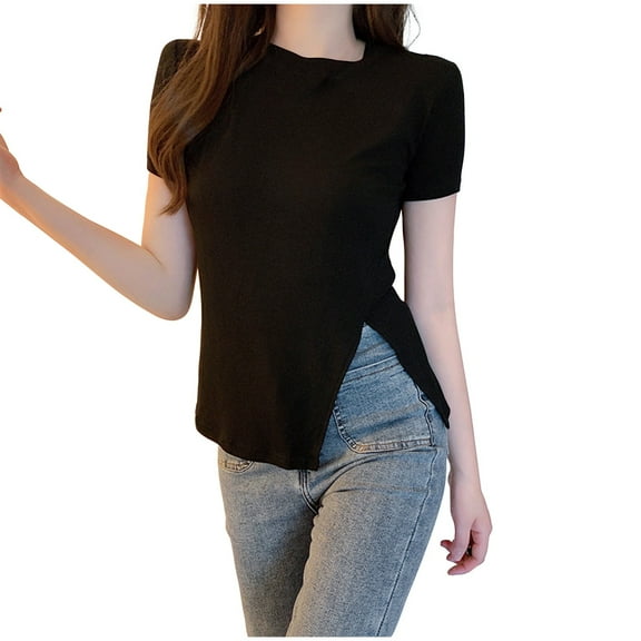 JGGSPWM Women Asymmetrical Side Slit Ruched Summer T-Shirt Going Out Tops Black L