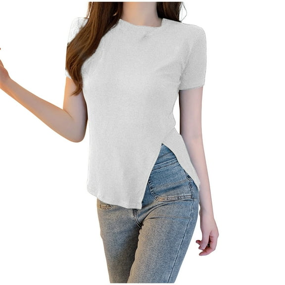 JGGSPWM Women Asymmetrical Side Slit Ruched Summer T-Shirt Going Out Tops White 2XL