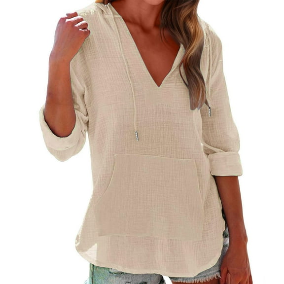 JGGSPWM Women Beach Cover Up Hoodies Long Sleeve V Neck Pocketed Hooded Shirt Top Sweatshirt Beige M