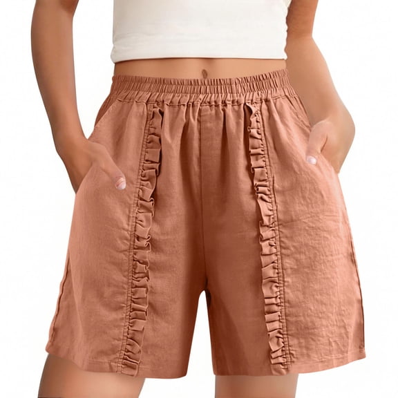 JGGSPWM Women Bermuda Shorts Vacation Solid Ruffle Pleated Linen Short Summer Casual Elastic Waisted Pant with Pocket Orange XL
