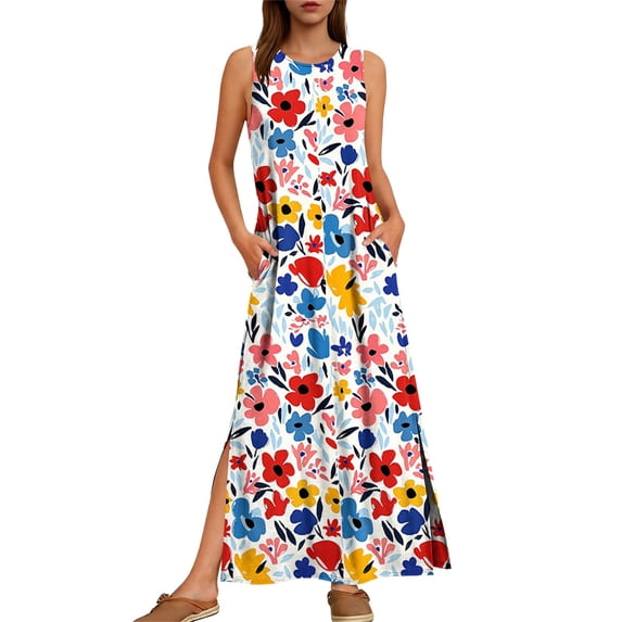 JGGSPWM Women Boho Floral Sleeveless Maxi Dress Casual Loose Split Crew Neck Sundress Summer Vacation Dresses with Pockets Multicolor XXL