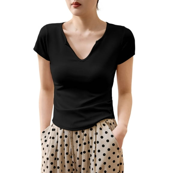 JGGSPWM Women Casual Summer Short Sleeve V-Neck Solid T-Shirt Slim Fit Tops Black XL