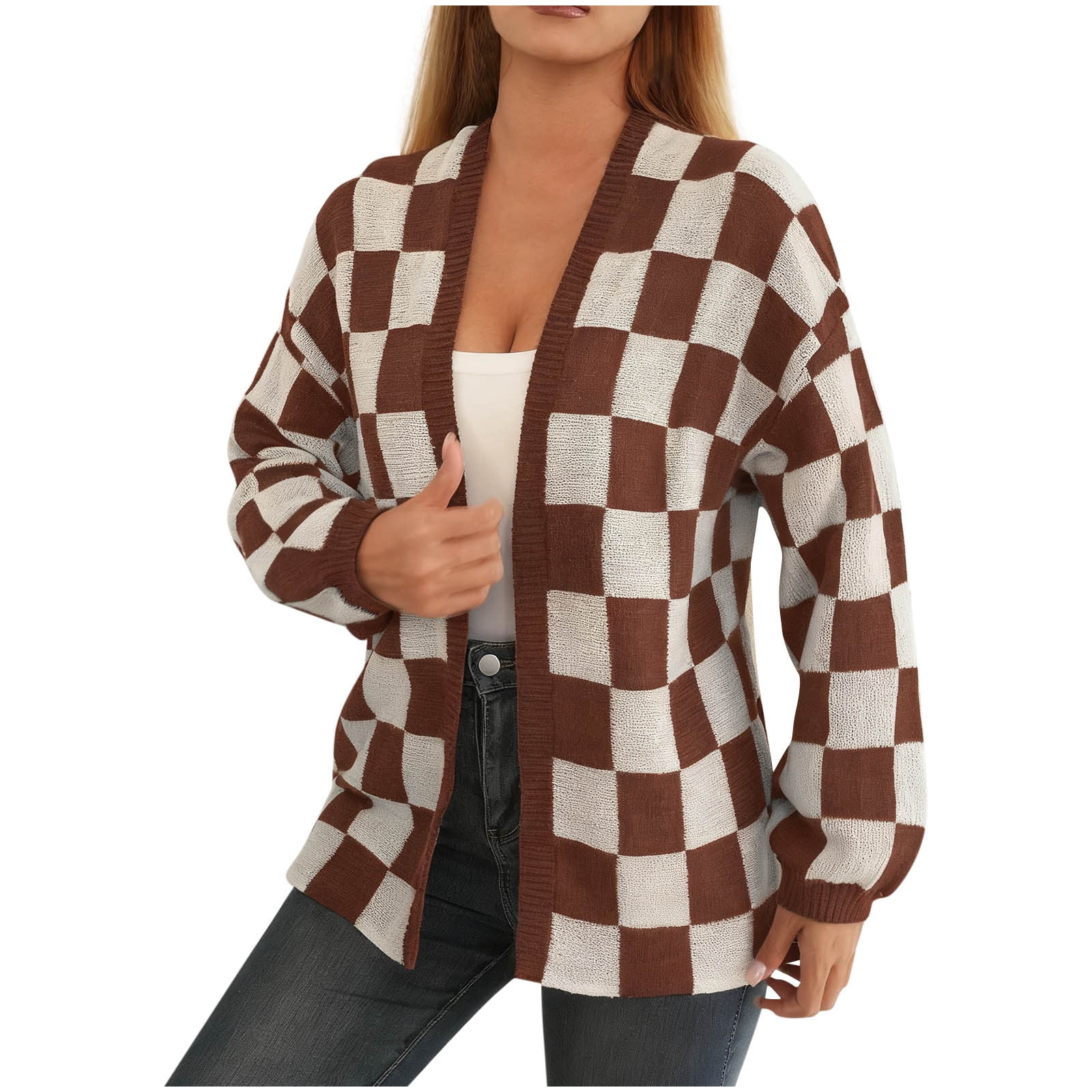 JGGSPWM Women Checkered Cardigan Trendy Long Sleeve Open Front