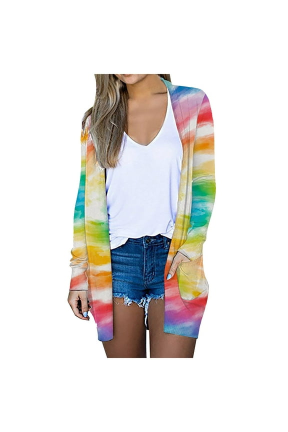 Women Colorful Tie Dye Rainbow Cardigans Long Sleeve Shirts V Neck Cardigan Open Front Tunic Elegant Tops Classic Fit Outwear Multicolor L