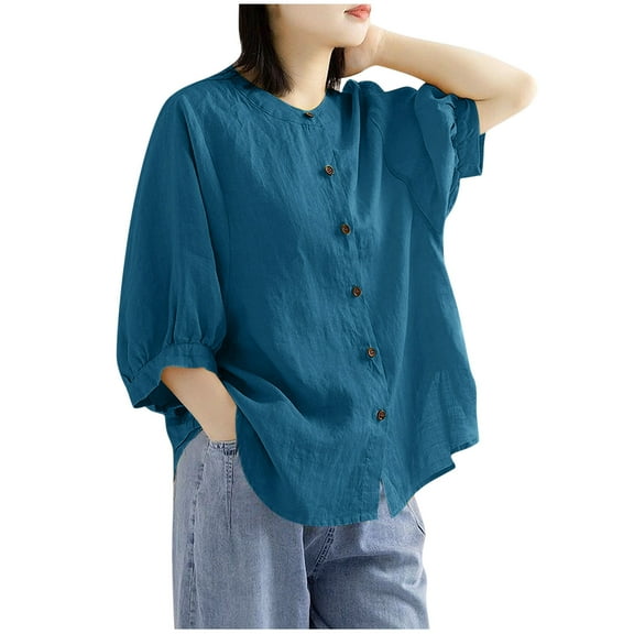 JGGSPWM Women Cotton Linen Collarless Lantern Sleeve Shirt Loose Fit Work Office Blouses Beach Button Henley Shirt Blue XL