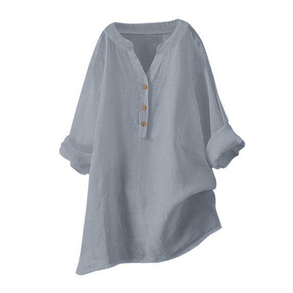 JGGSPWM Women Cotton Linen Solid 3/4 Sleeve Tunic Oversized T-Shirts Casual V Neck Dressy Blouses Tops Gray 5XL
