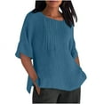 thumbnail image 1 of JGGSPWM Women Cotton Linen Summer Elbow-Length Pleated Crewneck Casual Loose Fitted Side Split Tees Tshirts Tops Blouse Blue S, 1 of 4