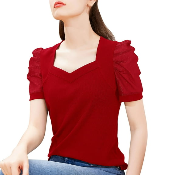 JGGSPWM Women Cotton Sweatheart Neck Puff Short Sleeve Solid Color Summer T-Shirt Top Red XL