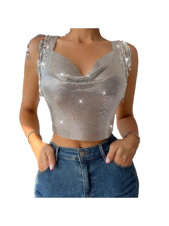 Women Cowl Neck Sleeveless Crop Top with Sequin Tassel Detail Strapless Backless Fashion Short Camisole Silver Free Size