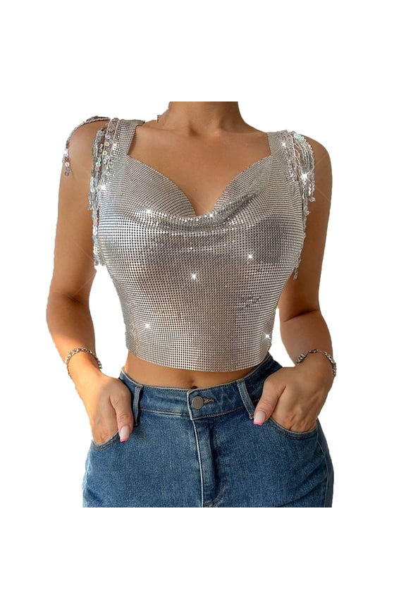 Women Cowl Neck Sleeveless Crop Top with Sequin Tassel Detail Strapless Backless Fashion Short Camisole Silver Free Size